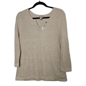 Chico's‎ 1 Size Medium Beige Henley Sweater Top Textured Knit Taupe